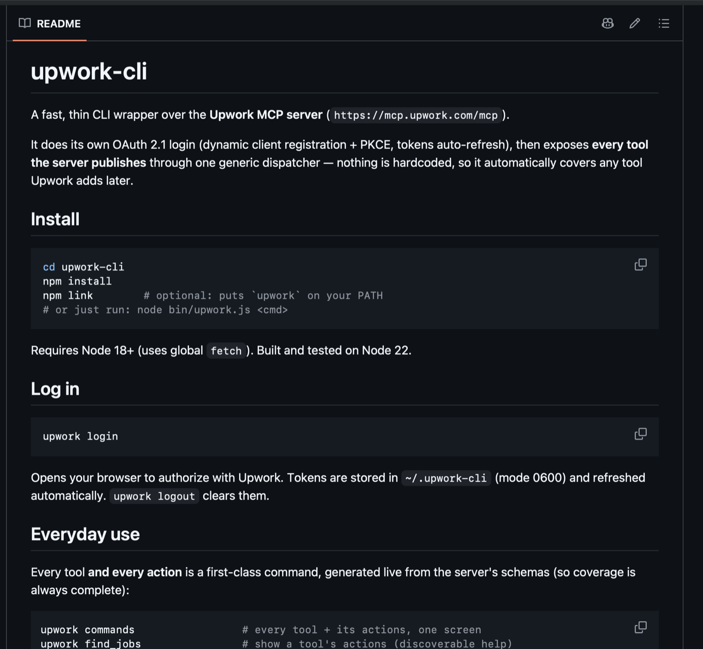 The upwork-cli README: a thin CLI wrapper over the official Upwork MCP server.