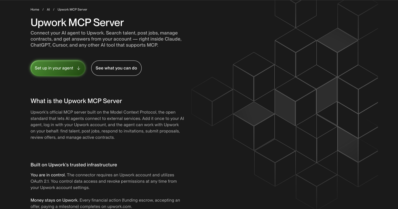 Upwork MCP Server landing page.
